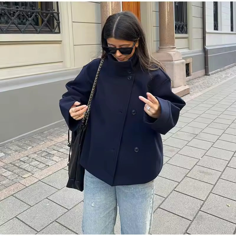 Women's short double-breasted coat in black, navy, beige and dark grey, classic fit