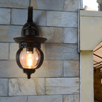 Outdoor wall lantern black seeded glass globe LED curved arm 1-light