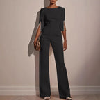 Women's wide leg jumpsuit with pearl split sleeve detail, relaxed fit in white pink black