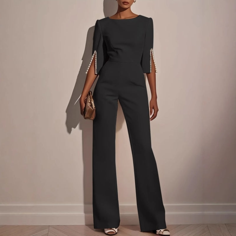 Women's wide leg jumpsuit with pearl split sleeve detail, relaxed fit in white pink black