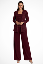 Women's evening three-piece set with wide-leg trousers and open-front jacket, XS–2XL