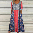 Women's boho printed square neck short sleeve midi dress in multicolor pattern