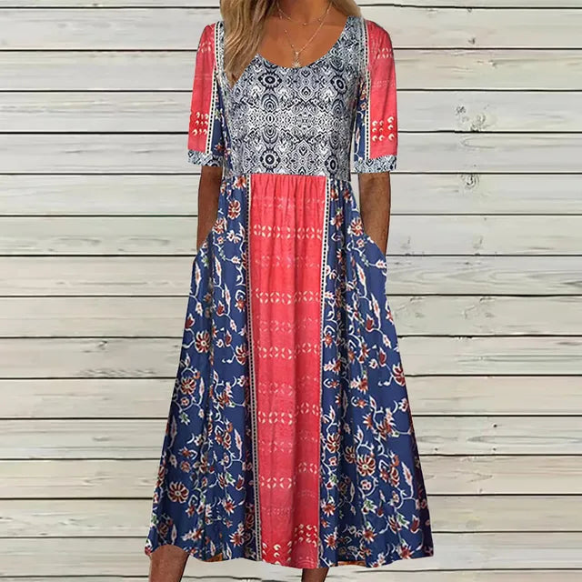 Women's boho printed square neck short sleeve midi dress in multicolor pattern