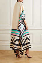 Women geometric print kaftan maxi dress with batwing sleeves and asymmetric hem