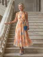 Women halter midi dress with gathered neckline and defined waist sleeveless