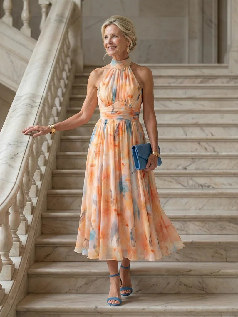 Women halter midi dress with gathered neckline and defined waist sleeveless