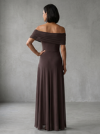Women off shoulder draped midi dress with sheer overlay and flowing skirt
