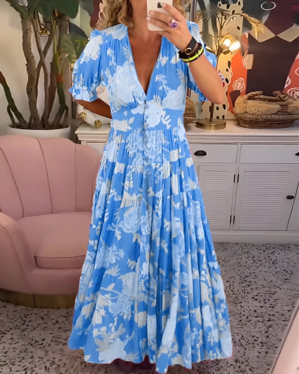 Women's floral V-neck pocket dress, flowing summer occasion dress