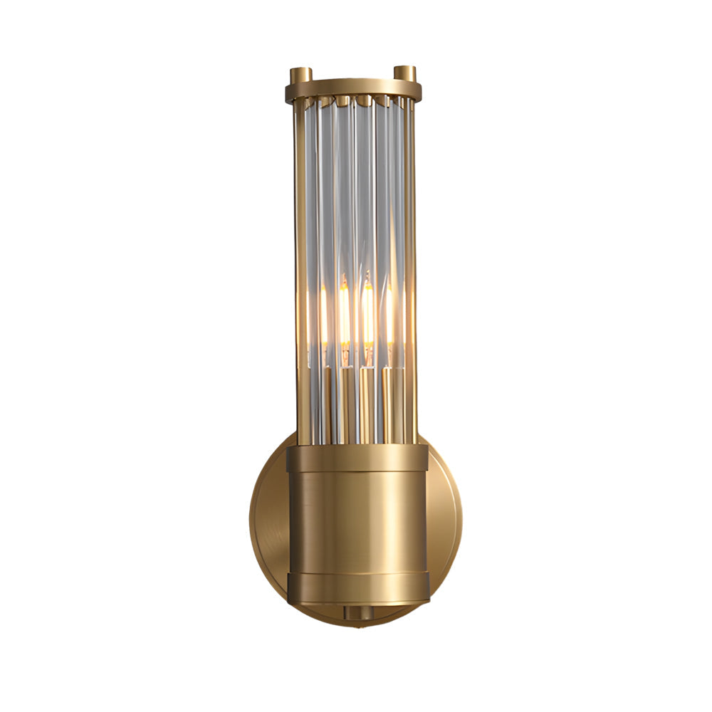 Modern wall lamp with cylindrical ribbed clear glass shade in chrome or gold finish