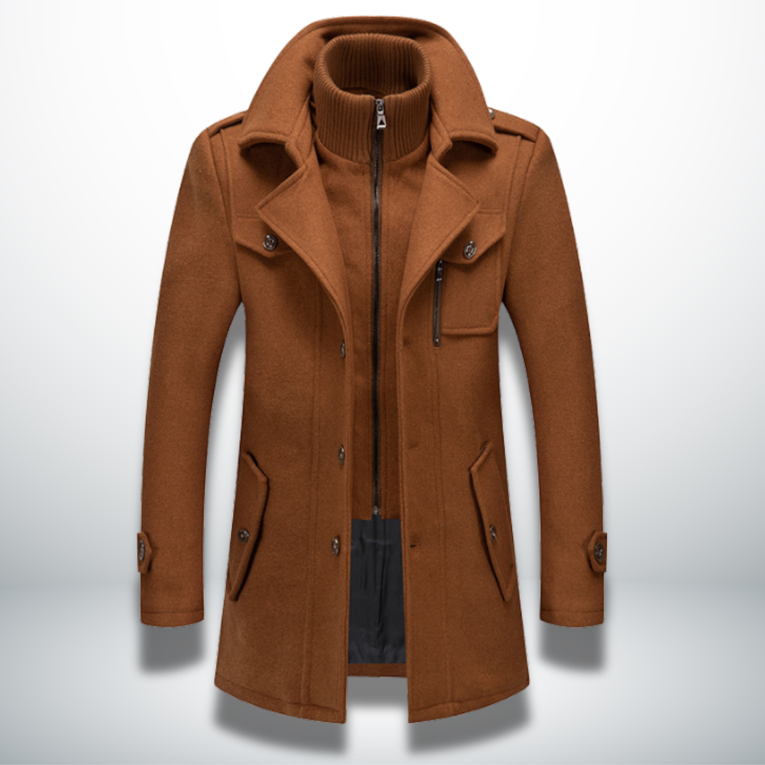 Men double breasted overcoat mid-length with zip-in bib and notch lapel