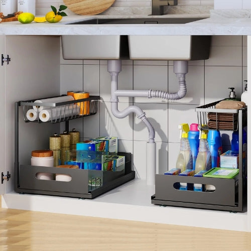 Under sink cabinet organizer 2-tier sliding black carbon steel L-shape