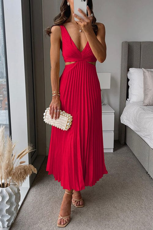Satin midi dress with pleated flowing silhouette, women's evening wear