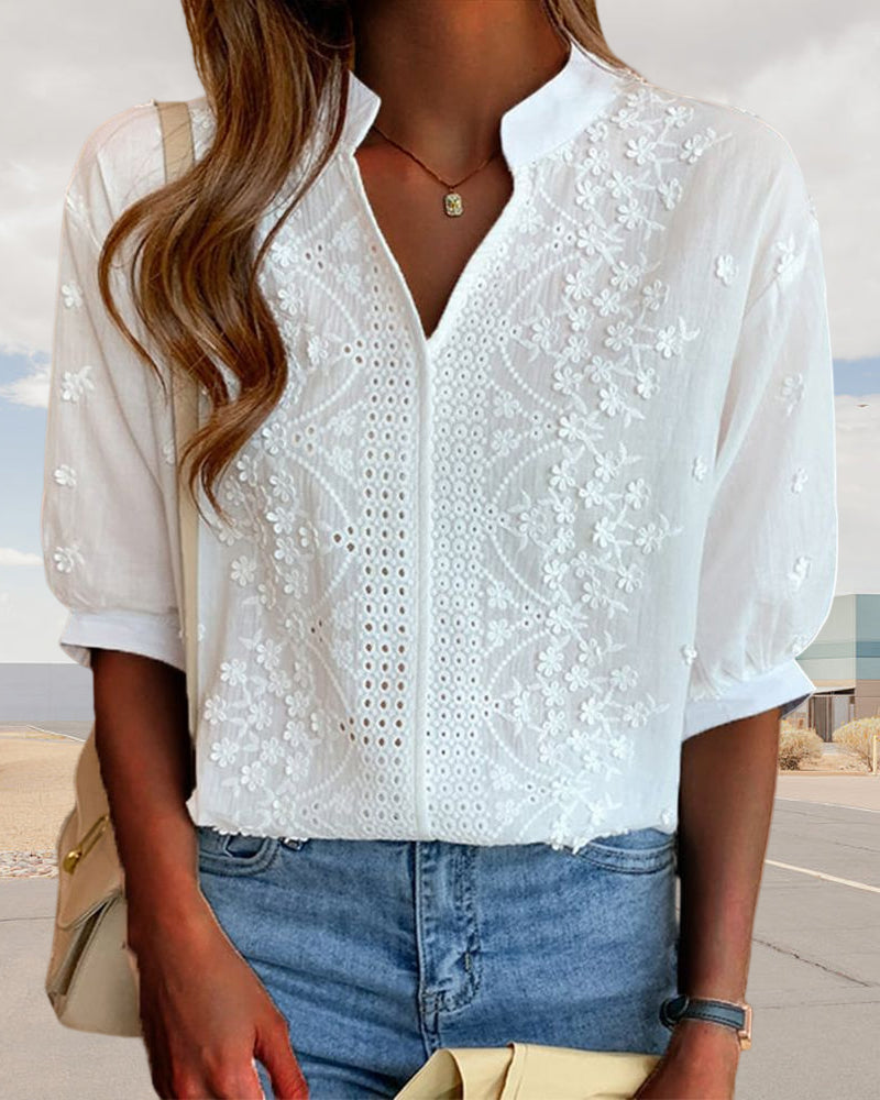 Women's white V-neck blouse with puff sleeves and patchwork detail, cotton-lace blend
