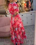 Women's floral V-neck pocket dress, flowing summer occasion dress