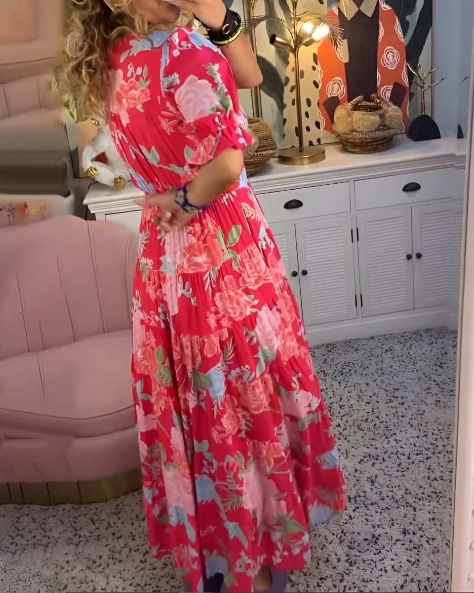 Women's floral V-neck pocket dress, flowing summer occasion dress
