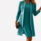 Women's two-piece lace dress set with sleeveless inner dress and long-sleeve lace overlay