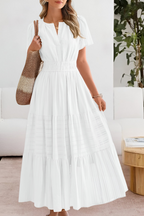 Women smocked midi dress short sleeve boho flowing skirt