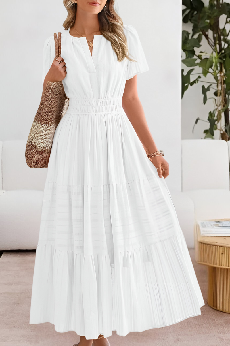 Women smocked midi dress short sleeve boho flowing skirt