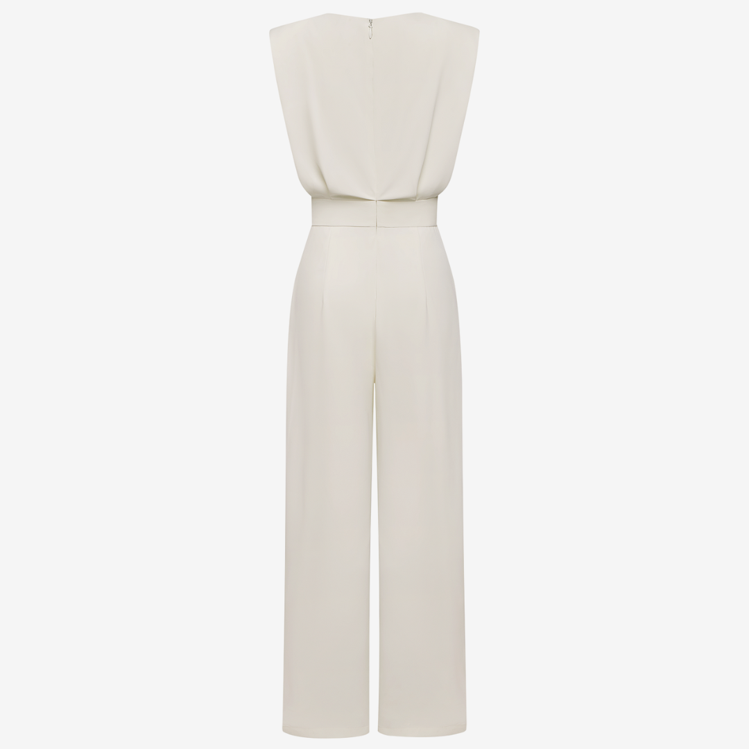Women's jumpsuit with belted waist, minimalist elegant style, available in beige black olive