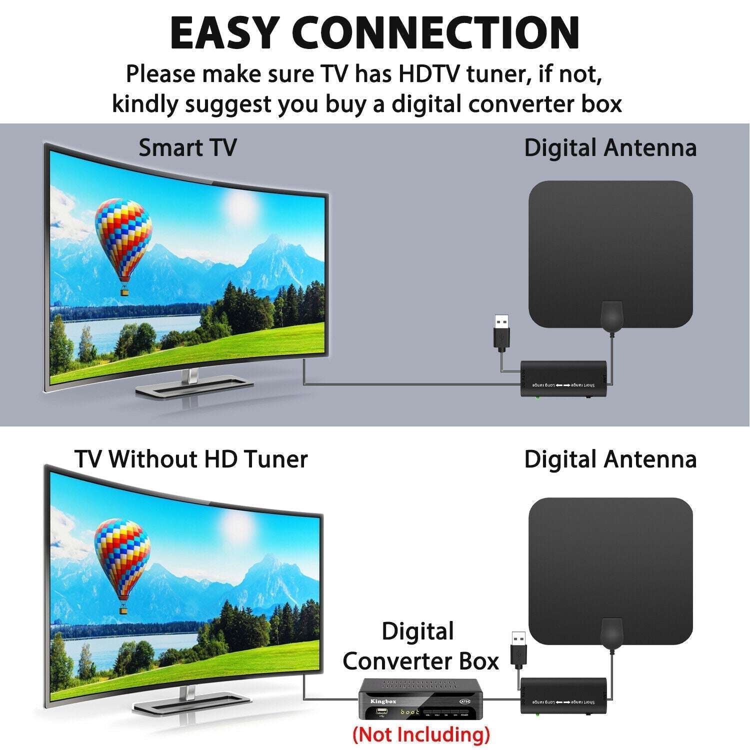 Indoor HDTV antenna with 300-mile range and signal booster, slim black design