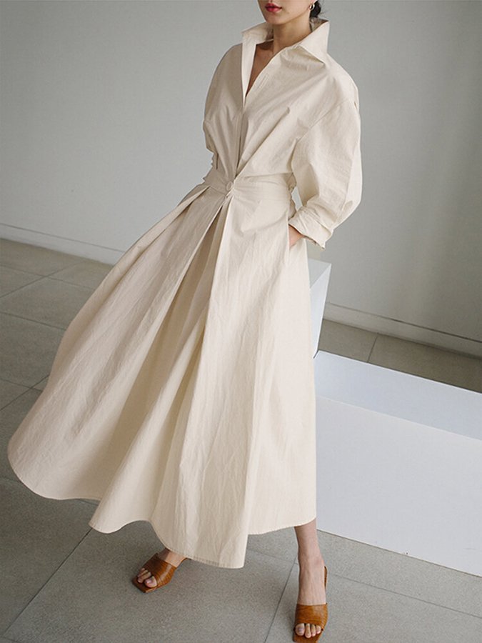 Women's midi shirt dress with button-front closure and adjustable belted waist