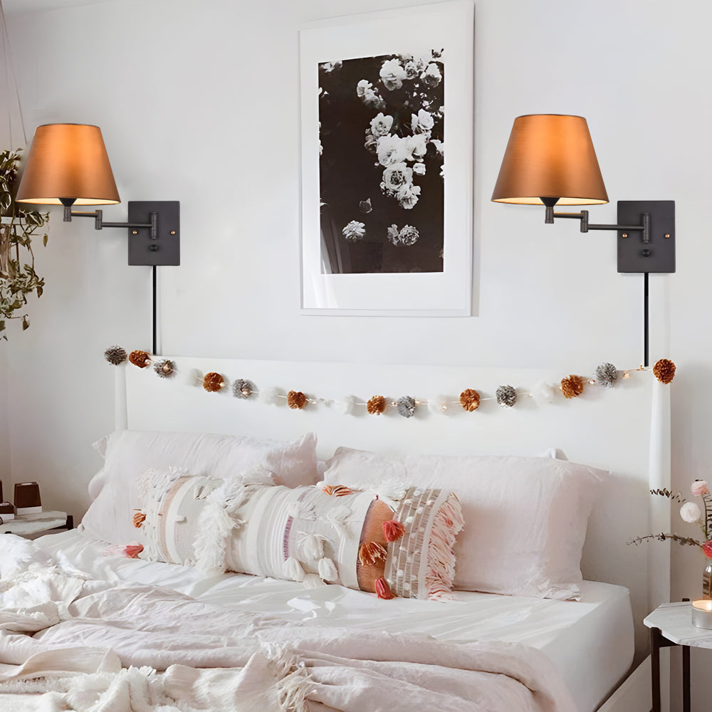 Swing arm wall lamp plug-in with linen shade and black iron frame, 1-light