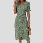 Women's floral midi dress with V-neck, puff sleeves and ruched waist, A-line summer style