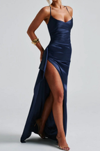 Women's navy blue ruched satin maxi dress with spaghetti straps and high side slit