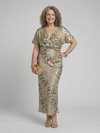 Women abstract print V neck twist waist midi dress short sleeves green