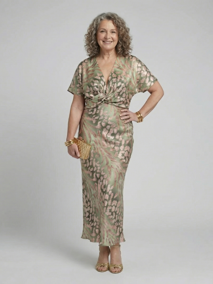Women abstract print V neck twist waist midi dress short sleeves green