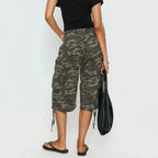 Women's camo cargo shorts longline baggy fit with flap pockets, streetwear style