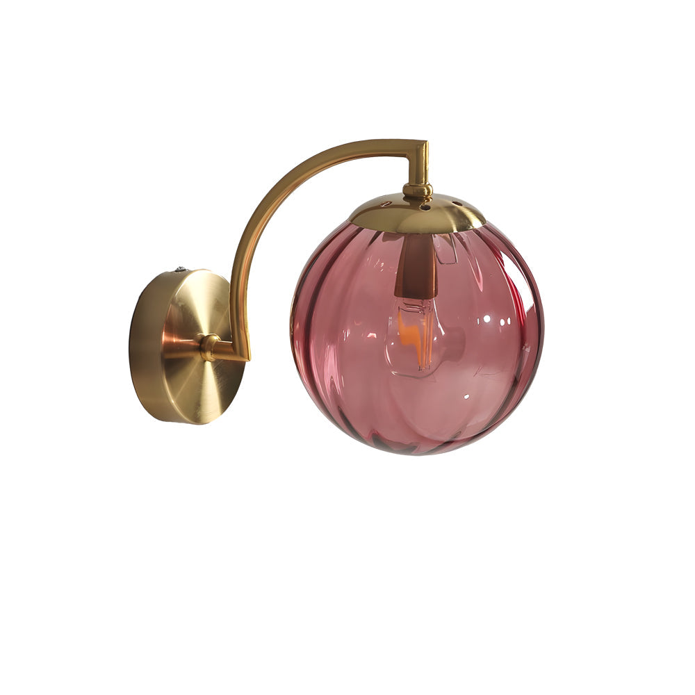 Wall lamp curved arm spherical ribbed glass shade gold finish modern indoor