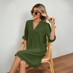 Women V-Neck Knee Length Dress with Ruffle Detail in Black Blue White Green