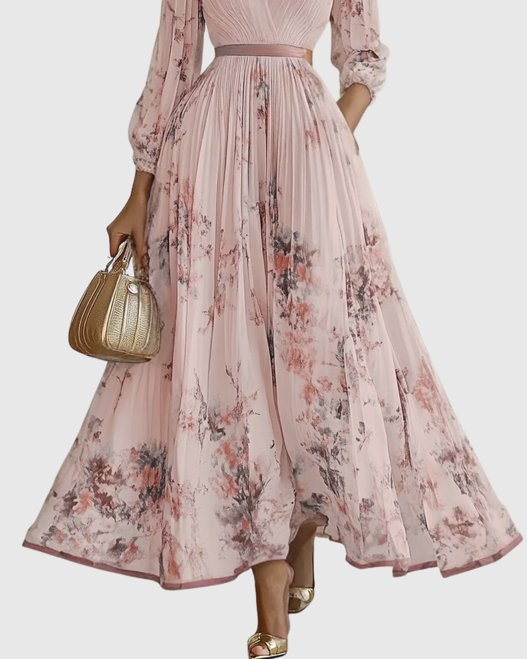 Pleated maxi dress V-neck long sleeve with ribbon-tie waist and floral pattern
