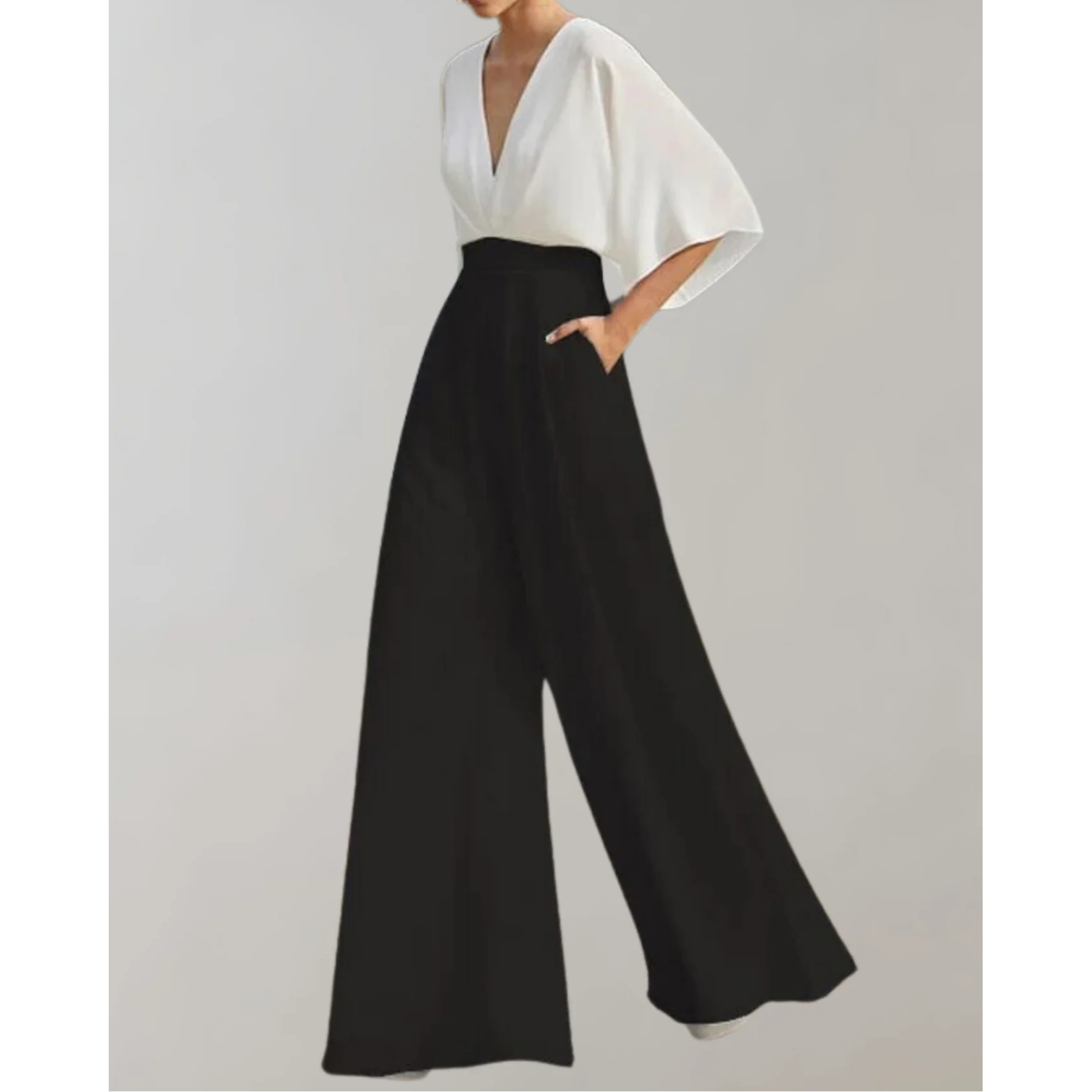 Women's wide leg jumpsuit in fluid lightweight fabric, fitted waist, elegant silhouette