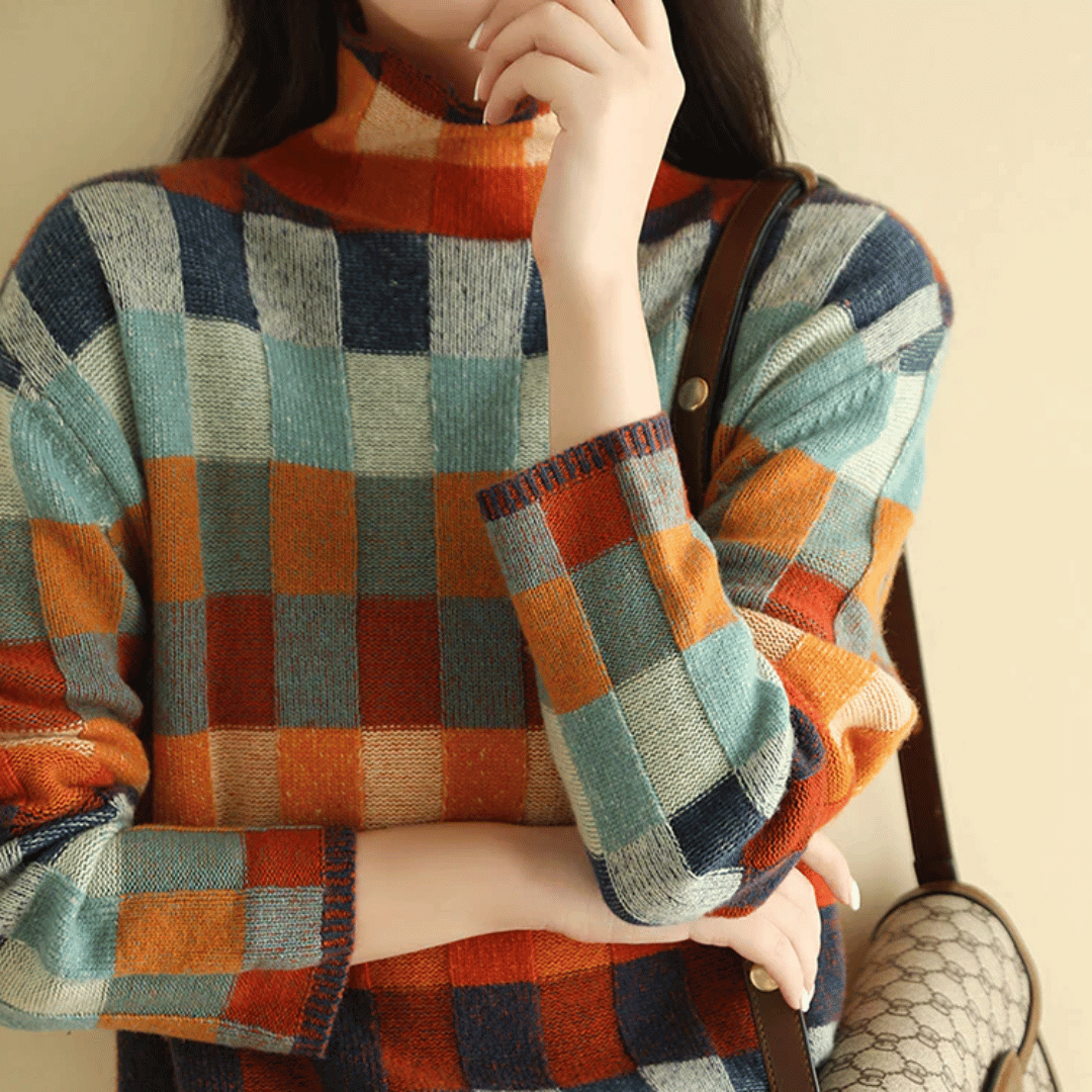 Women cashmere patchwork turtleneck sweater Mongolian virgin cashmere