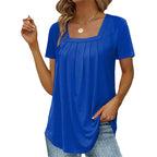 Women's blouse square neck short sleeve with pleated detail, lightweight summer top