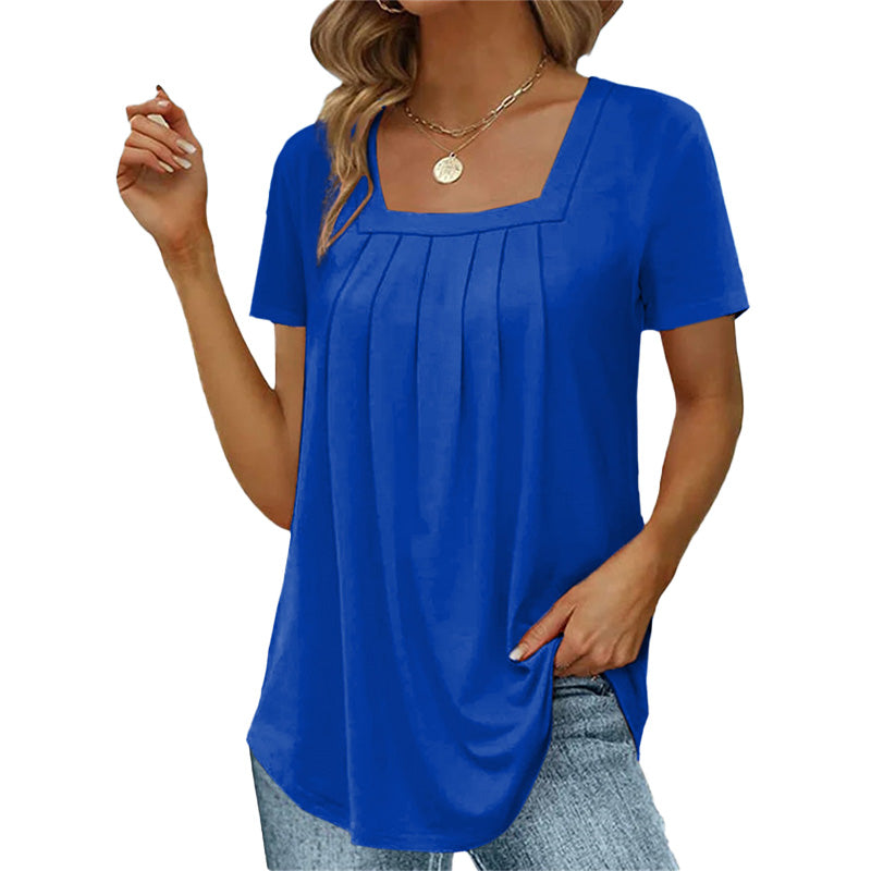 Women's blouse square neck short sleeve with pleated detail, lightweight summer top