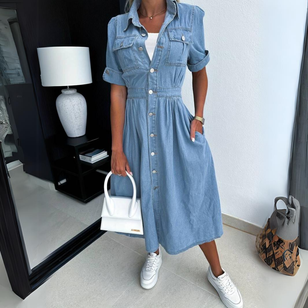 Women denim dress figure flattering silhouette casual style