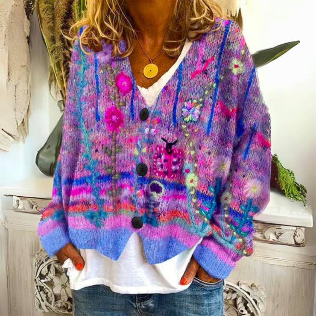 Women's boho cardigan multicolor floral embroidery oversized knit