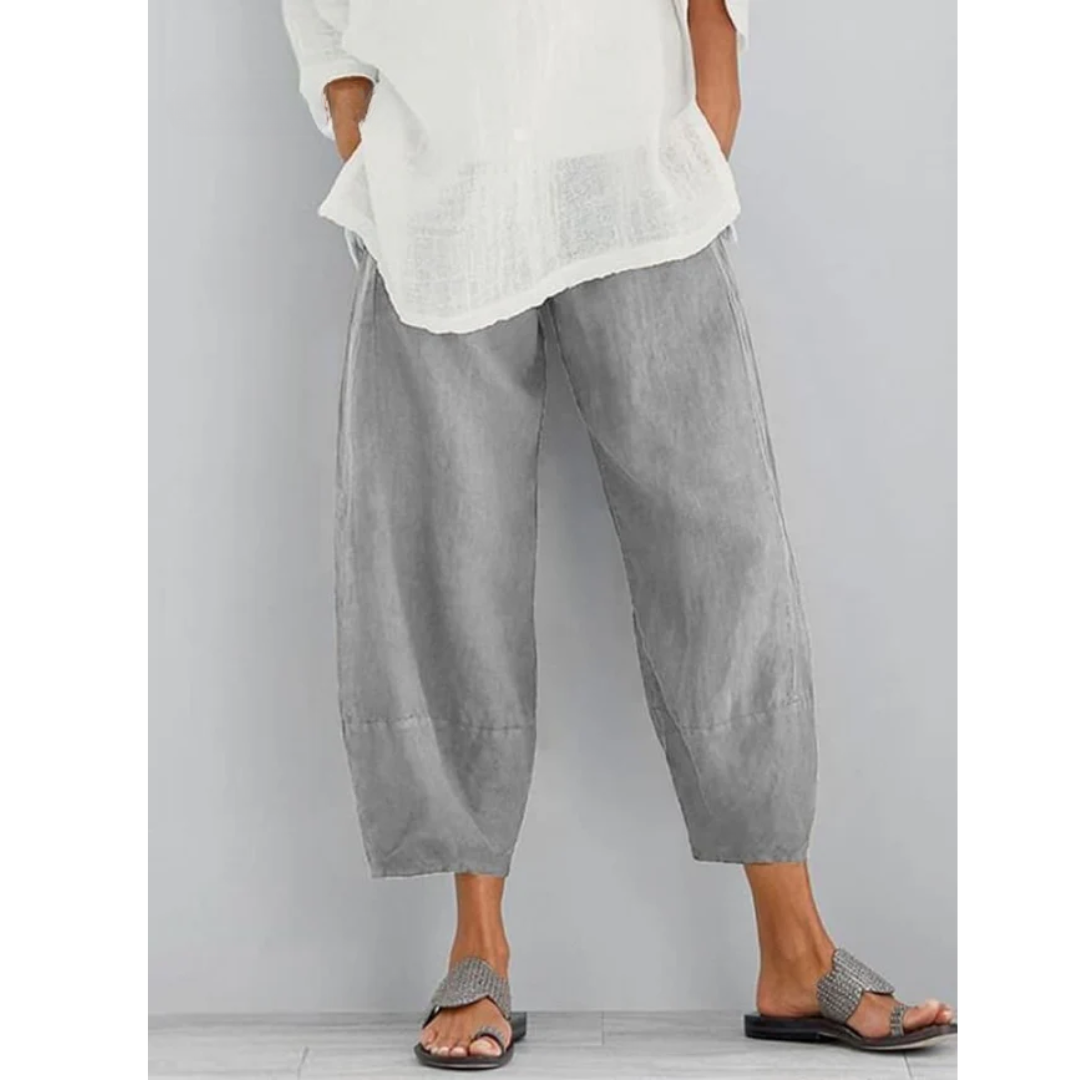 Women's leisure pants in cotton linen blend, relaxed casual fit, available in Khaki, Black and Blue
