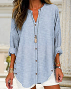 Women loose fit long sleeve striped button-up blouse with V-neck