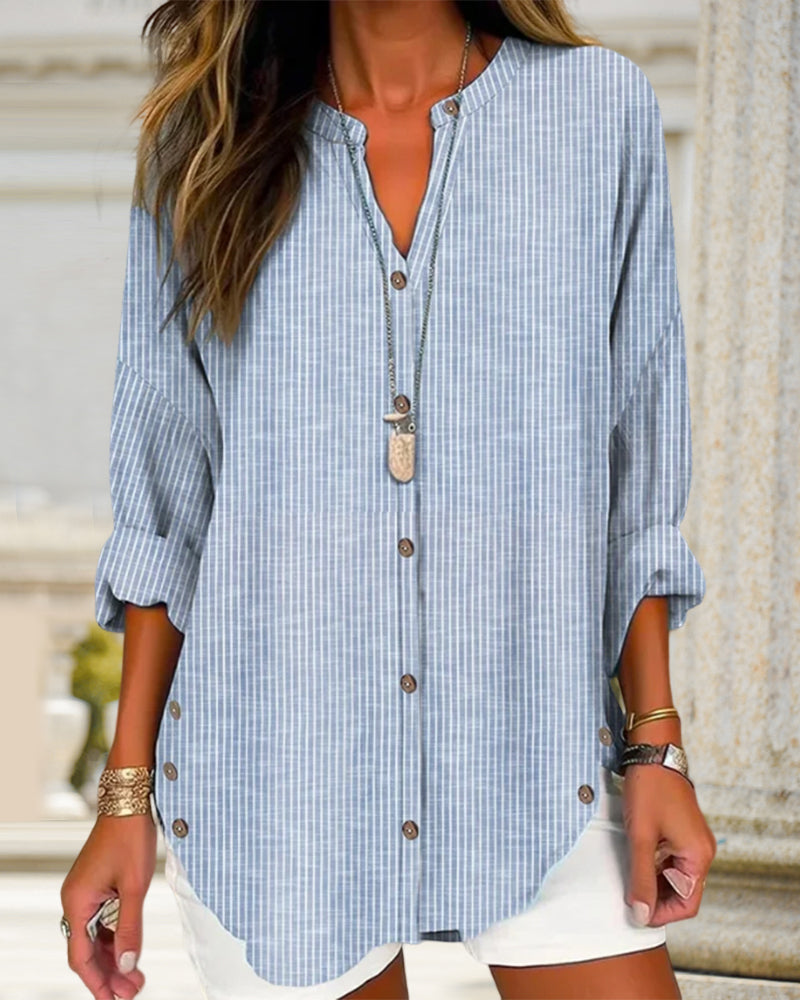 Women loose fit long sleeve striped button-up blouse with V-neck