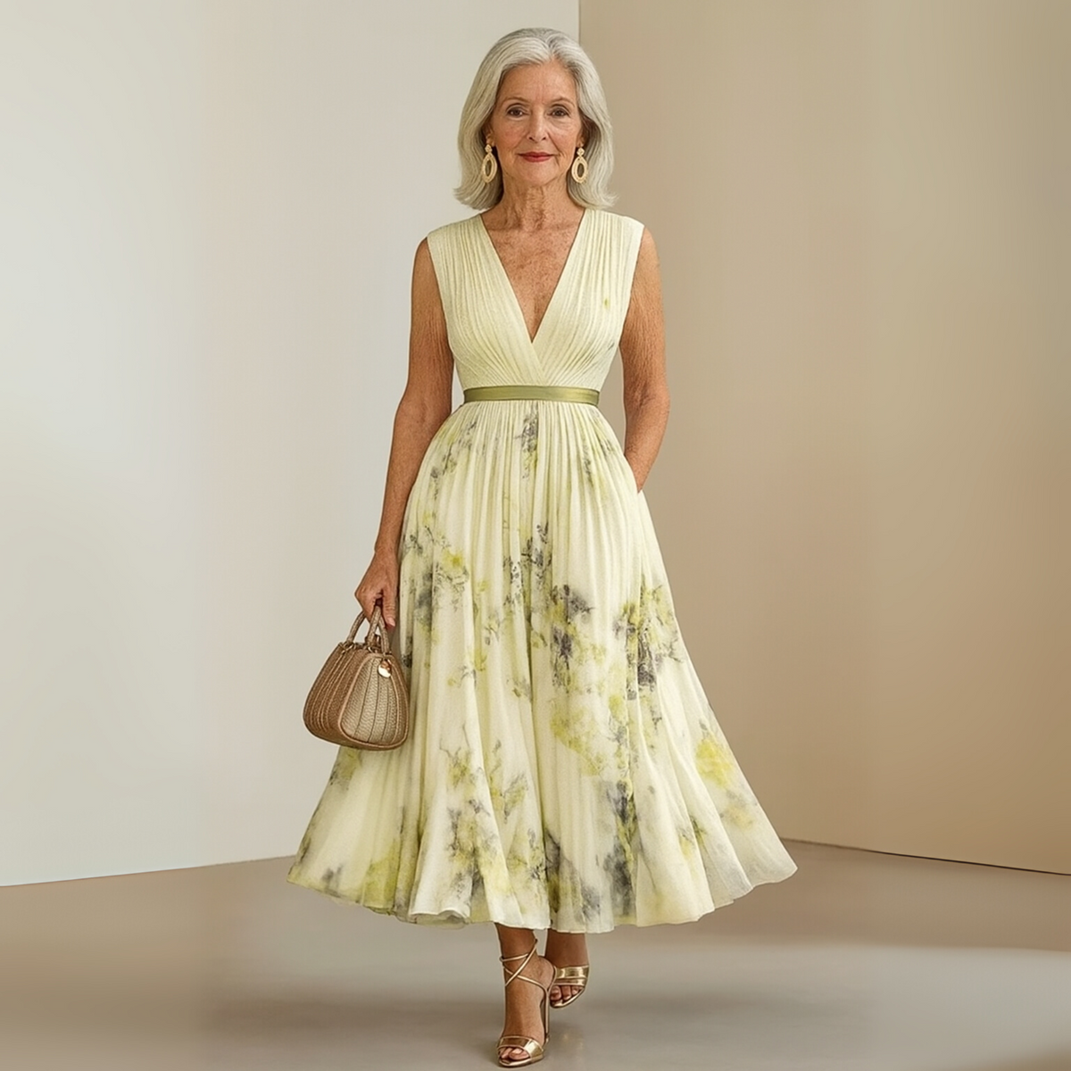 Women flowy pleated midi dress in beige, lightweight casual summer style