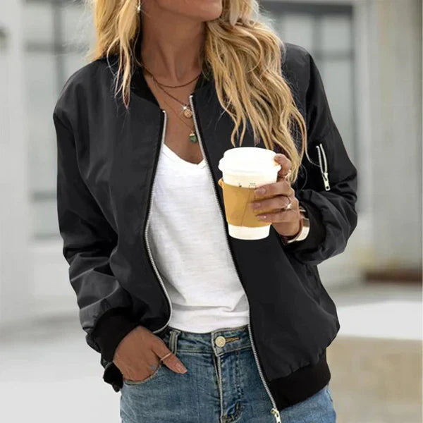 Women's bomber jacket with front zip and elastic cuffs in black, burgundy and army green