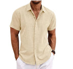 Men's linen shirt short sleeve double button placket lightweight summer