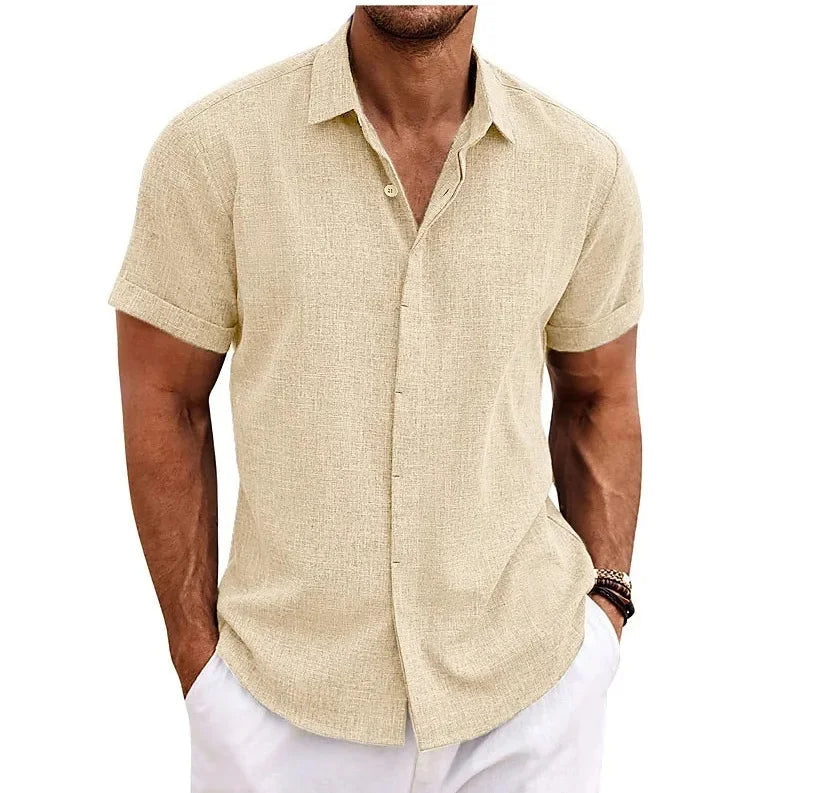 Men's linen shirt short sleeve double button placket lightweight summer