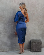 Women's asymmetric one-shoulder draped midi dress for evening occasions