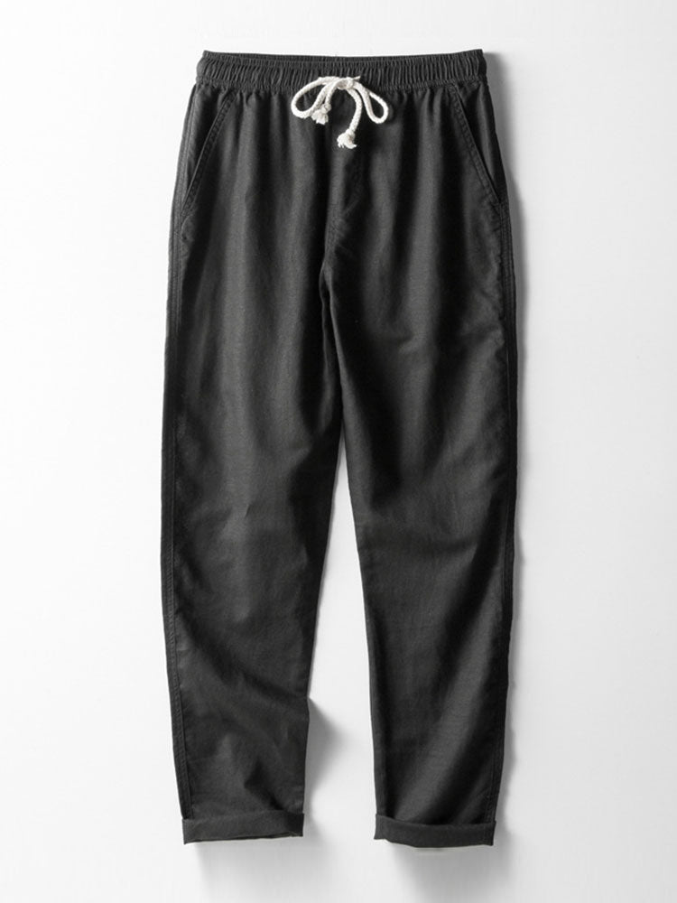 Men's linen shirt and pants set, breathable summer two-piece outfit in navy, white and black