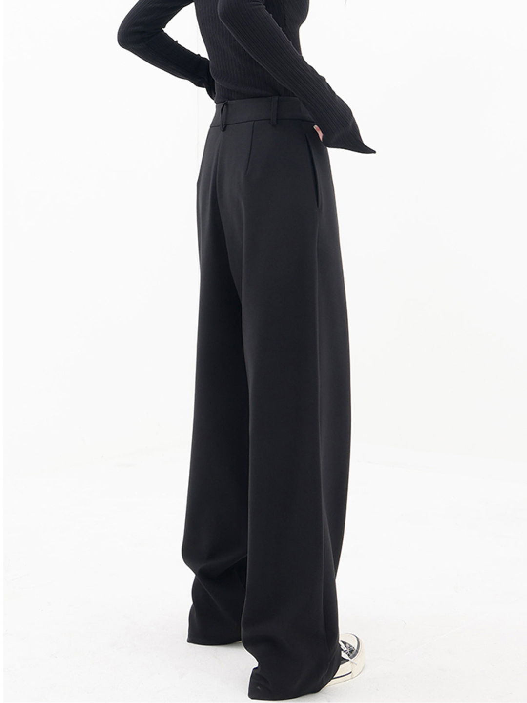 Women wide leg trousers asymmetric button detail in black and grey